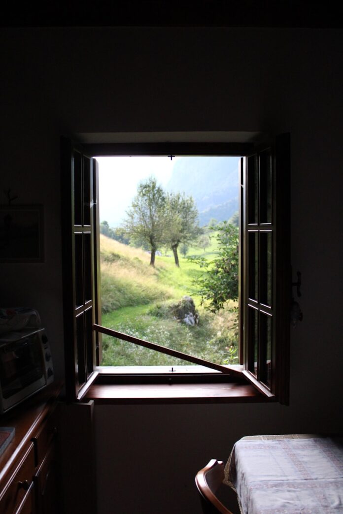Photo by Alice A window frames a lush green landscape.