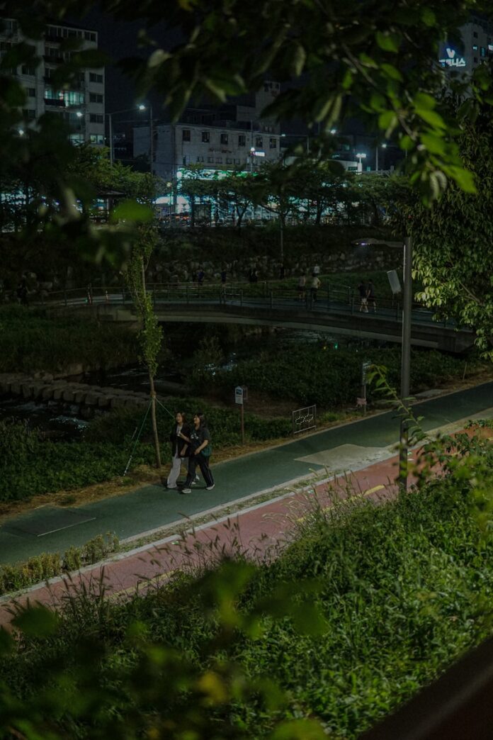 a couple of people walking down a street at night
